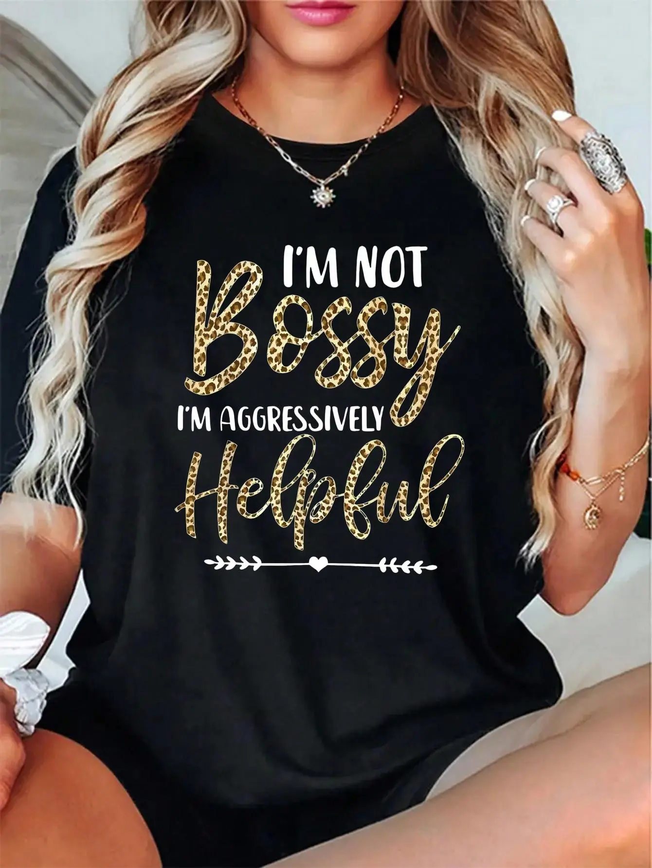 Women's 100% Cotton Short-Sleeve Round Neck T-Shirt - "I'm Not Bossy I'm Aggressively Helpful I Am The Boss" Leopard Print, Casual Streetwear Summer Loose-Fitted Jackets-Inspired Fashion Top