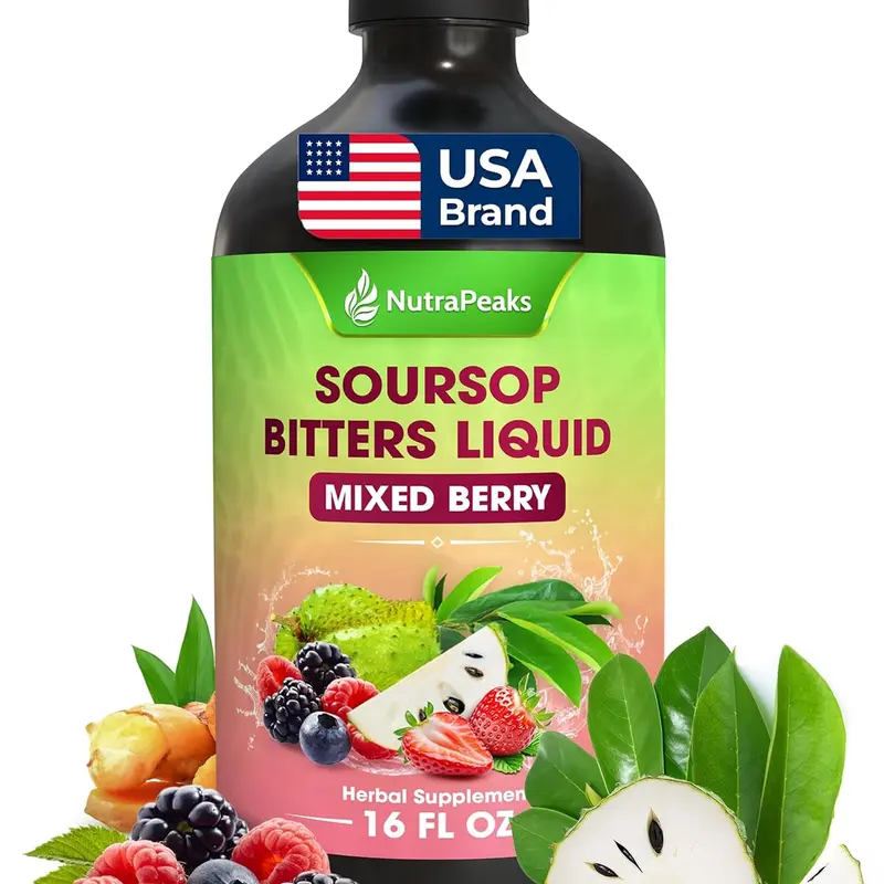 Soursop Bitters Liquid – Herbal Cleanse Formula with Soursop Leaves (16 fl oz, Mixed Berry)