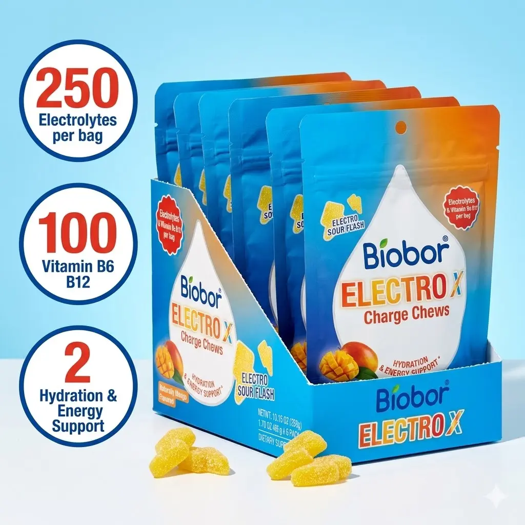 Biobor Electrolyte Charge Chews (6 Bags), Mango Hydration Gummy Vitamins B6 B12 Potassium, Non-GMO Energy Support 288g Total