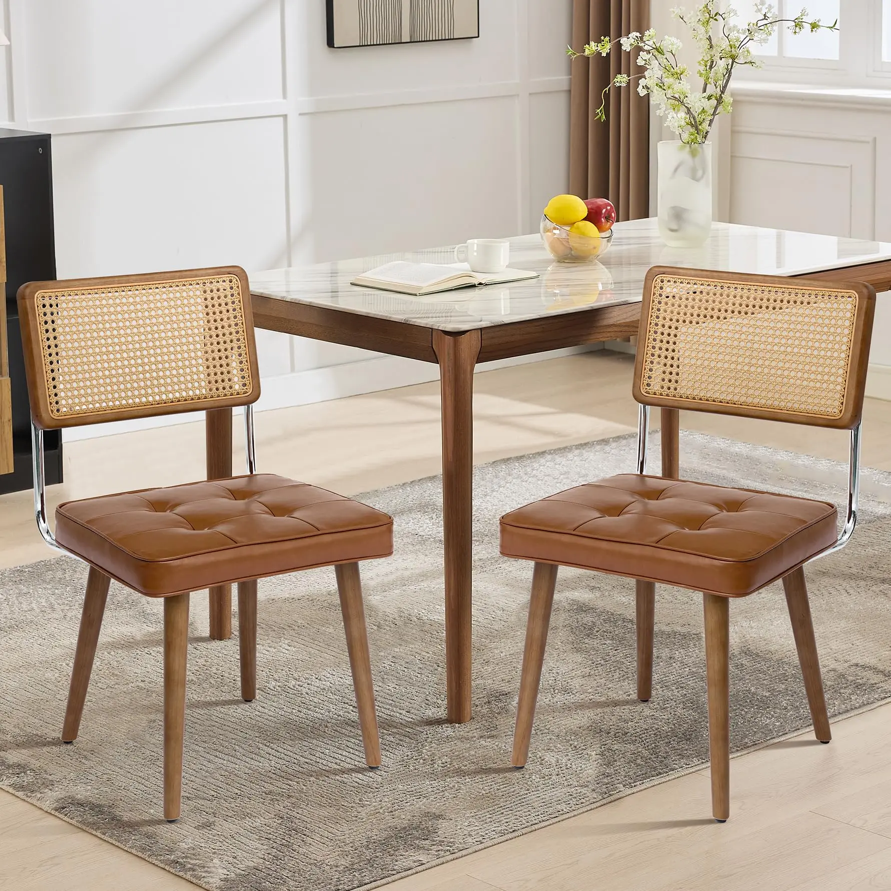 Garvee Set of 2 Natural Rattan Dining Chairs with High Cane Backrest, Upholstered PU Seats, and Sturdy Wooden Legs for Kitchen, Dining Room, Restaurant - Brown