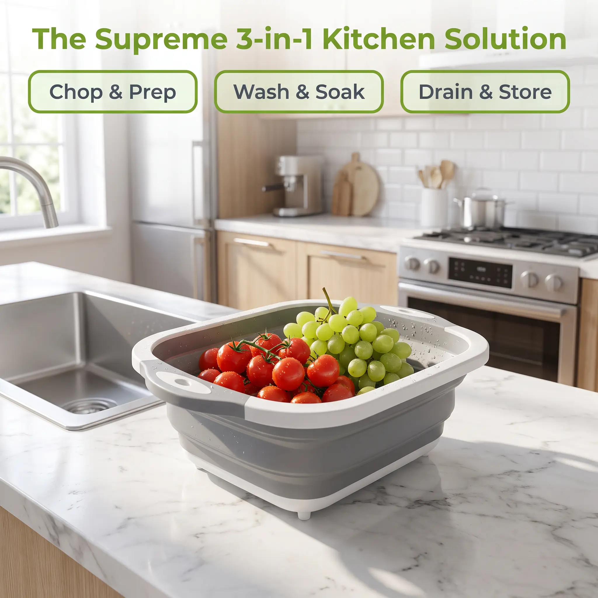 3-in-1 Foldable Cutting Board Colander Basin, Collapsible Kitchen Sink Strainer with Drain Plug, Space Saving Wash Tub for Fruits Vegetables (1 Pack)