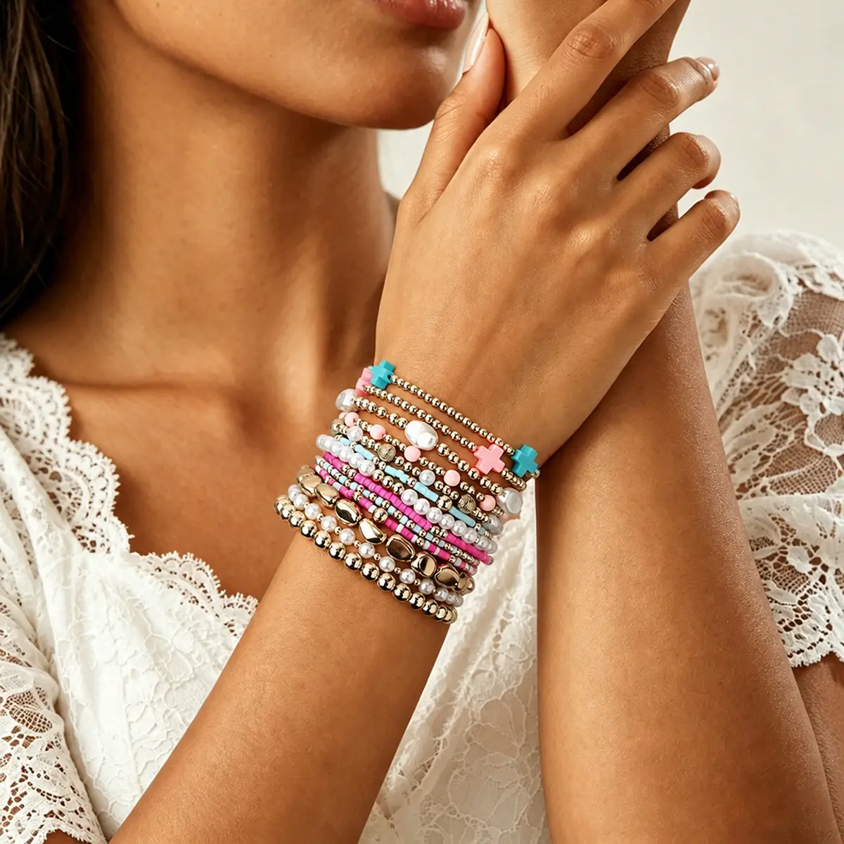 Colorful Polymer Clay Cross Beaded Bracelet Multi Layer Elastic ABS Imitation Pearl Stackable Bracelets For Women