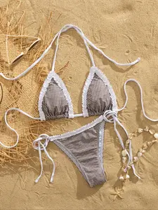 Two-piece Set Women's Gingham  Print Bikini Set, Casual Fashion Chic Swim Top & Swim Bottom Set for Beach Holiday Vacation, Ladies Swimsuit for All Seasons