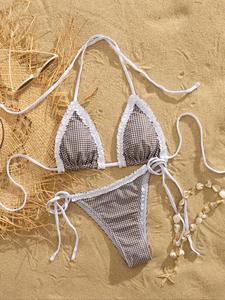 two-piece set women's gingham  print bikini set, casual fashion chic swim top & swim bottom set for beach holiday vacation, ladies swimsuit for all seasons