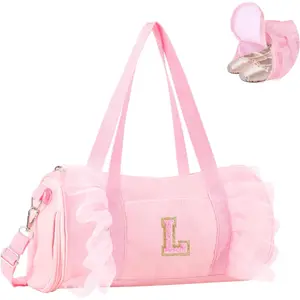 Personalized Initial Dance Bag for Girls 4-6, Small Lace Gym Sport Yoga Cheer Dance Bags Gift for Teen Girls, Cute Letter Kids Ballet Bag Toddler Travel Duffel Tote with Adjustable Straps(Pink-L)