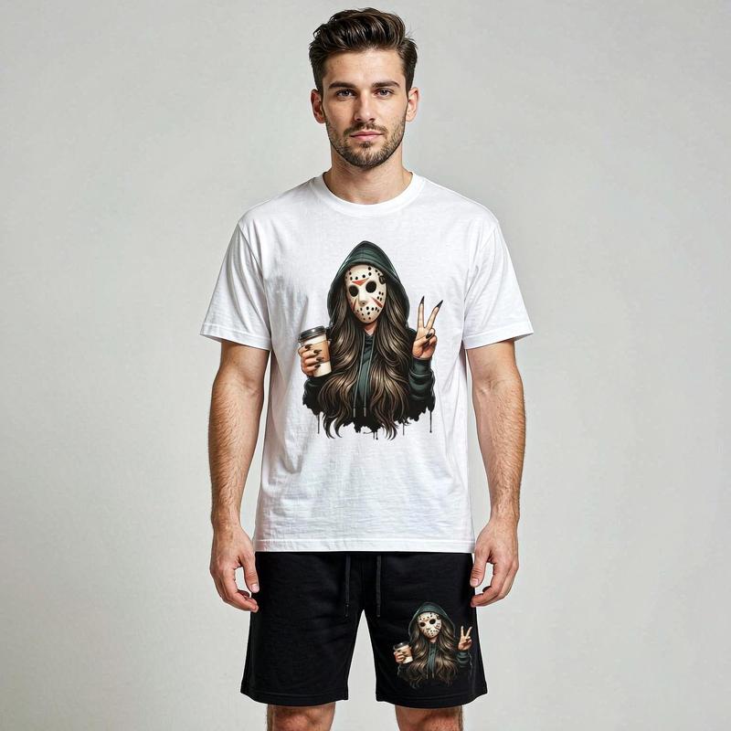 Men's 2-Piece Casual Polyester T-Shirt & Shorts Set - Relaxed Oversized Crew Neck, Short Sleeve, Horror Print Streetwear Menswear