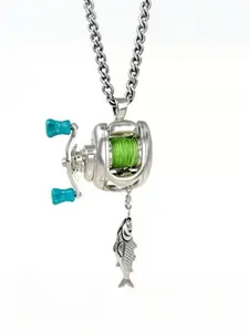 Fishing Reel Necklace, Mini Fishing Reel Necklace for Men with Rotating Handle, Silver Fish Necklace Pendant, Fashion Cool Accessories