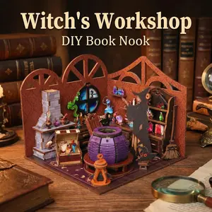 3D Wooden Puzzle Witch Magic Workshop DIY Book Nook Kit, Miniature Dollhouse, Creative Witchcraft Room Model Building Set for Adults, Halloween Decor Gift