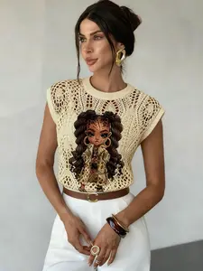 Women's Cartoon Girl Print Knitted Sweater Vest, Casual Round Neck Sleeveless Top, Comfortable Breathable Design for Spring Summer Fall, Casual Comfy Vests