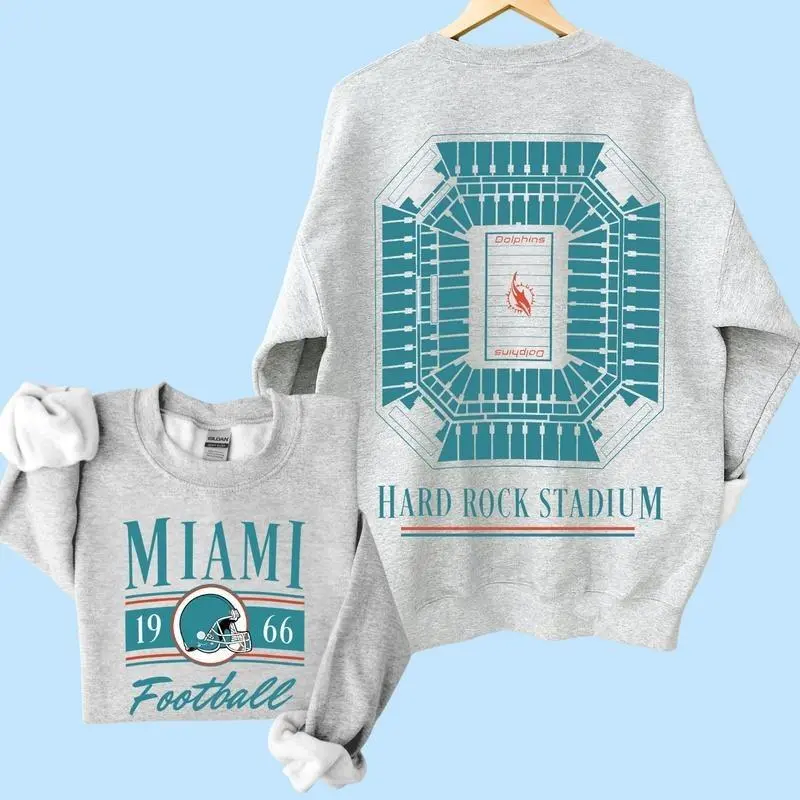 Miami Aqua & Orange Stadium Football Sweatshirt, Retro 1966 Helmet Graphic Pullover, Vintage Hometown Gameday Crewneck, Stadium Map Artwork, Football Fan Gift