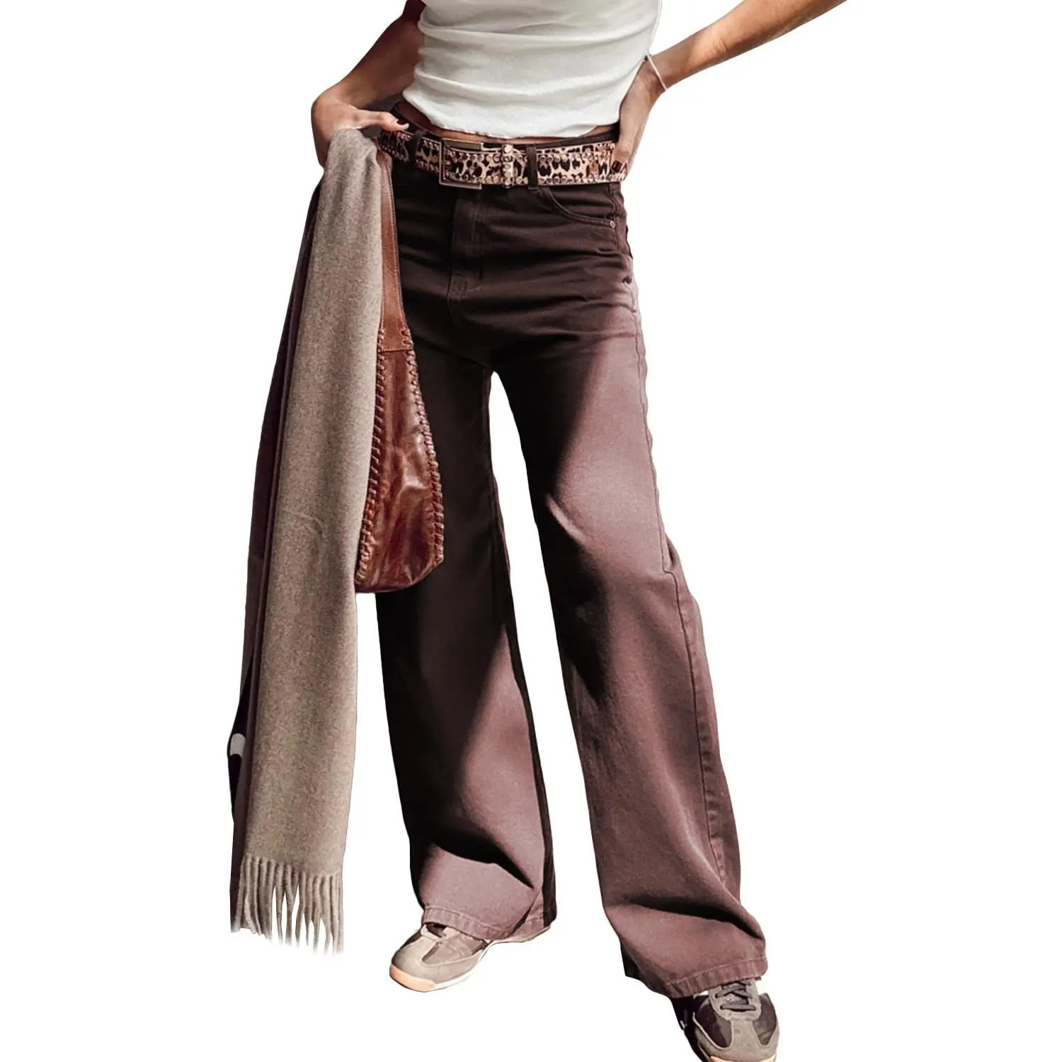 Coffee Solid Color Loose Straight High Waist Jeans