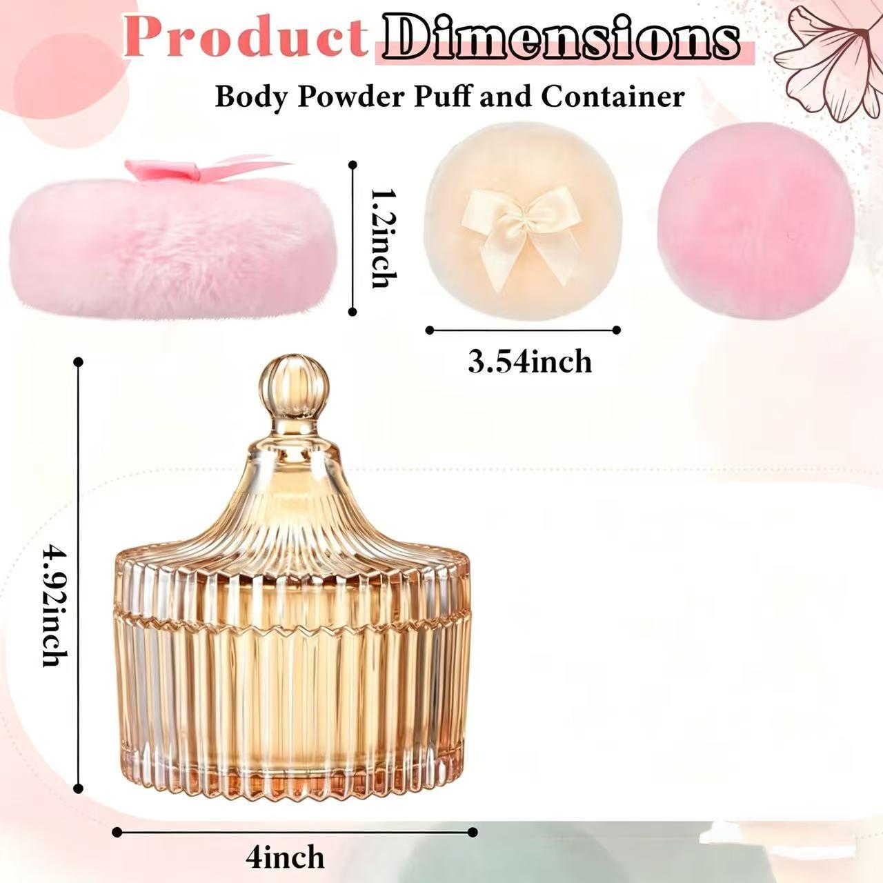 Luxury Soft Velvet Powder Puff & Crystal Glass Container Set, 3.54" Diameter, Washable Reusable Puff for Women Facial & Body Makeup Dusting & Baby Powder Application, Elegant Glass Jar for Jewelry, Candy Storage, Perfect Gift for Ladies