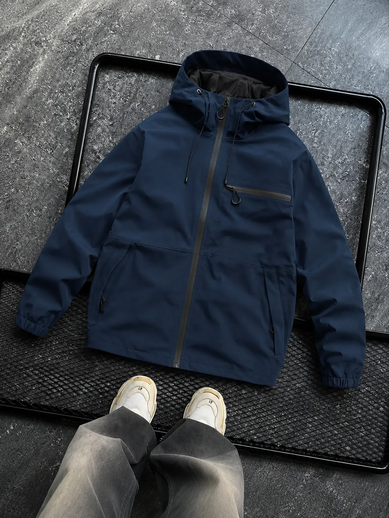 Men Navy Waterproof Hooded Windbreaker Jacket, Outdoor Hiking Camping Mountain Utility Windproof Rain Proof Casual Hard Shell Coat，Aesthetic Solid Color Casual Hooded Windproof Jacket, Baggy Streetwear Outdoor Rain Protection Men Casual Zip Up Coat