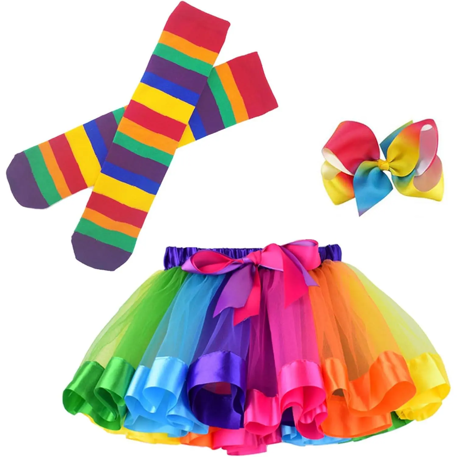 L-B034  Little Girls Tutu Outfit,Layered Ballet Tulle Rainbow Tutu Skirt with Hairbow and Long Stockings