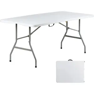 6 ft foldable portable heavy-duty plastic table, folds in half; long utility table for indoor/outdoor parties, picnics, camping, dining; large white table
