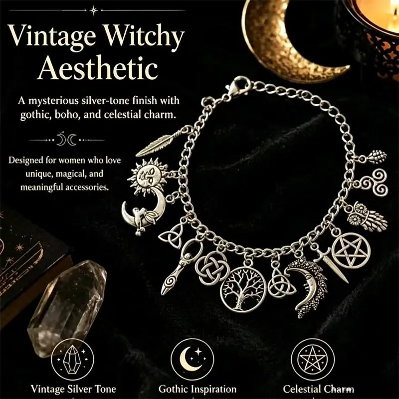 Retro Mysterious Silver Alloy Witch Bracelet - 20cm Adjustable Length, Gothic Boho Dark Romance Unisex Costume Jewelry, Multiple Charms (Moon Phases, Sun, Life Tree, Owl, 5-Pointed Star) with Astrological Energy for Everyday Wear, Alloy Metal