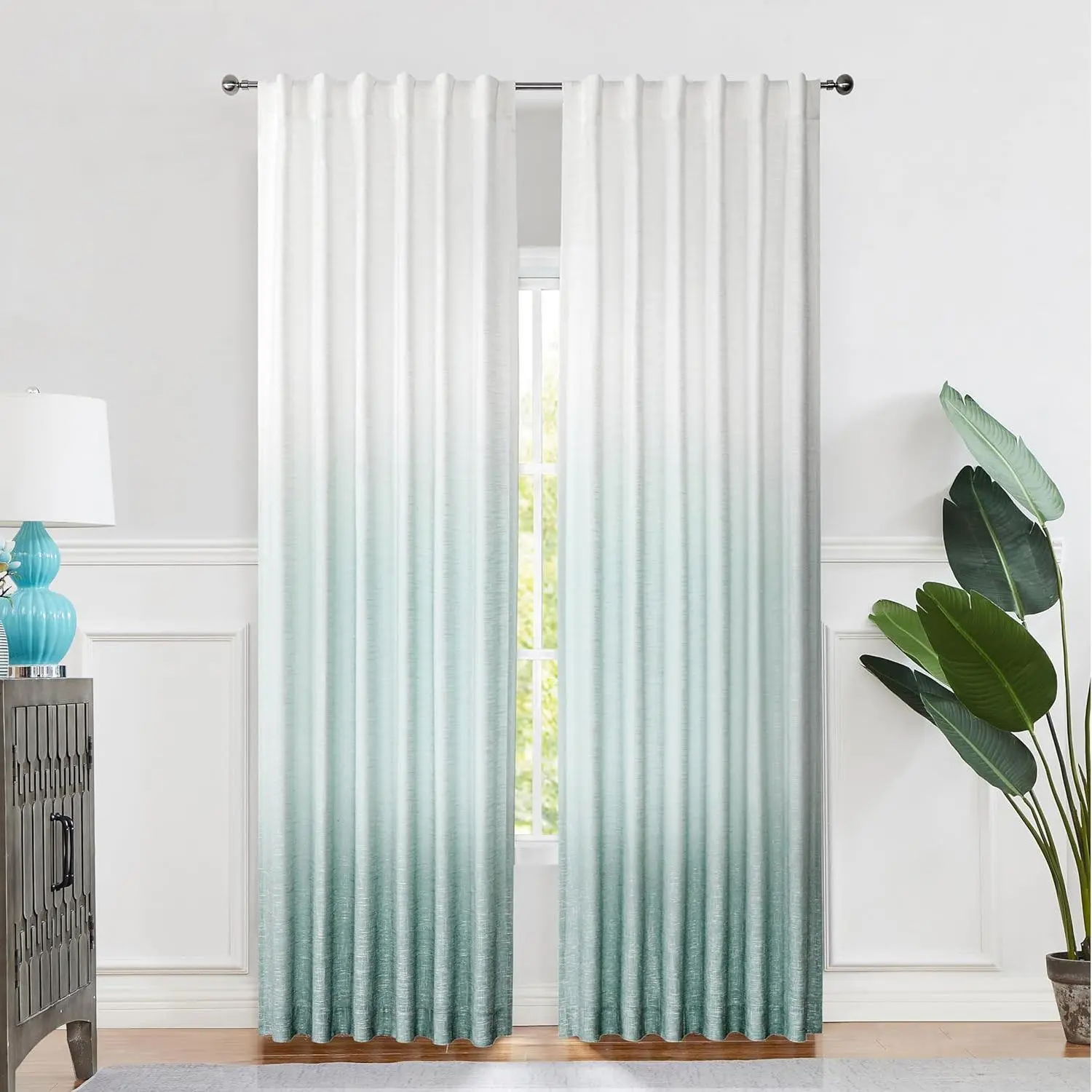 Ombre Semi Sheer Curtain Panel Gradient Print on Rayon Blend Fabric Backtab Rod Pocket Window Drapery Treatments for Living Room/Bedroom, Cream White to Aqua, 50" x 63", Set of 2