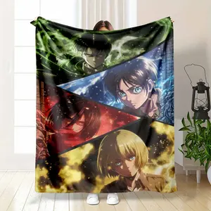 Levi Eren Mikasa Armin Elemental Battle Fan Gift Lightweight Summer AC Blanket Anime Action Energy Collage Thin Breathable Flannel Throw for AC Room Hot Sleepers Soft Cozy Sofa Bed Decor Gift Use