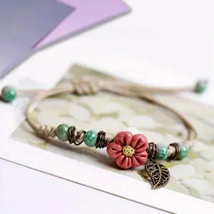 1pcs Bohemian Ceramic Bead Bracelets, Adjustable Handmade Ethnic Style With Patterns And Color Variations, Featuring Countryside Charm Accessories With Leaf Pendants
