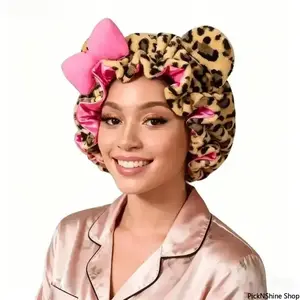 Leopard Print Teddy Bear Bonnet Satin-Lined Adjustable Sleep Cap for Women's Night Hair Care with 3D Teddy Bear Shape and Pink Bow