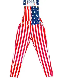 Women American Flag Bib Overalls Jumpsuit – Slim Fit Patriotic Striped Coveralls, Casual Denim Dungarees, Festival Outfit Stylish Women Romper - Small
