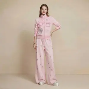 TCH Fashion Hot Diamond Pink Stand up Collar Jacket 2026 Spring/Summer New Wide Leg Pants Set for Women