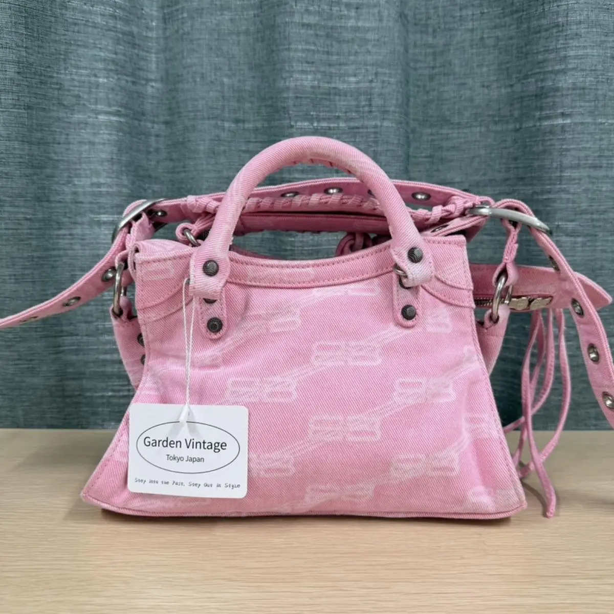 Pre-owned Balenciaga As Shown Shoulder Bags Le Cagole XS Tote Bag in Pink BB Monogram Denim 06281