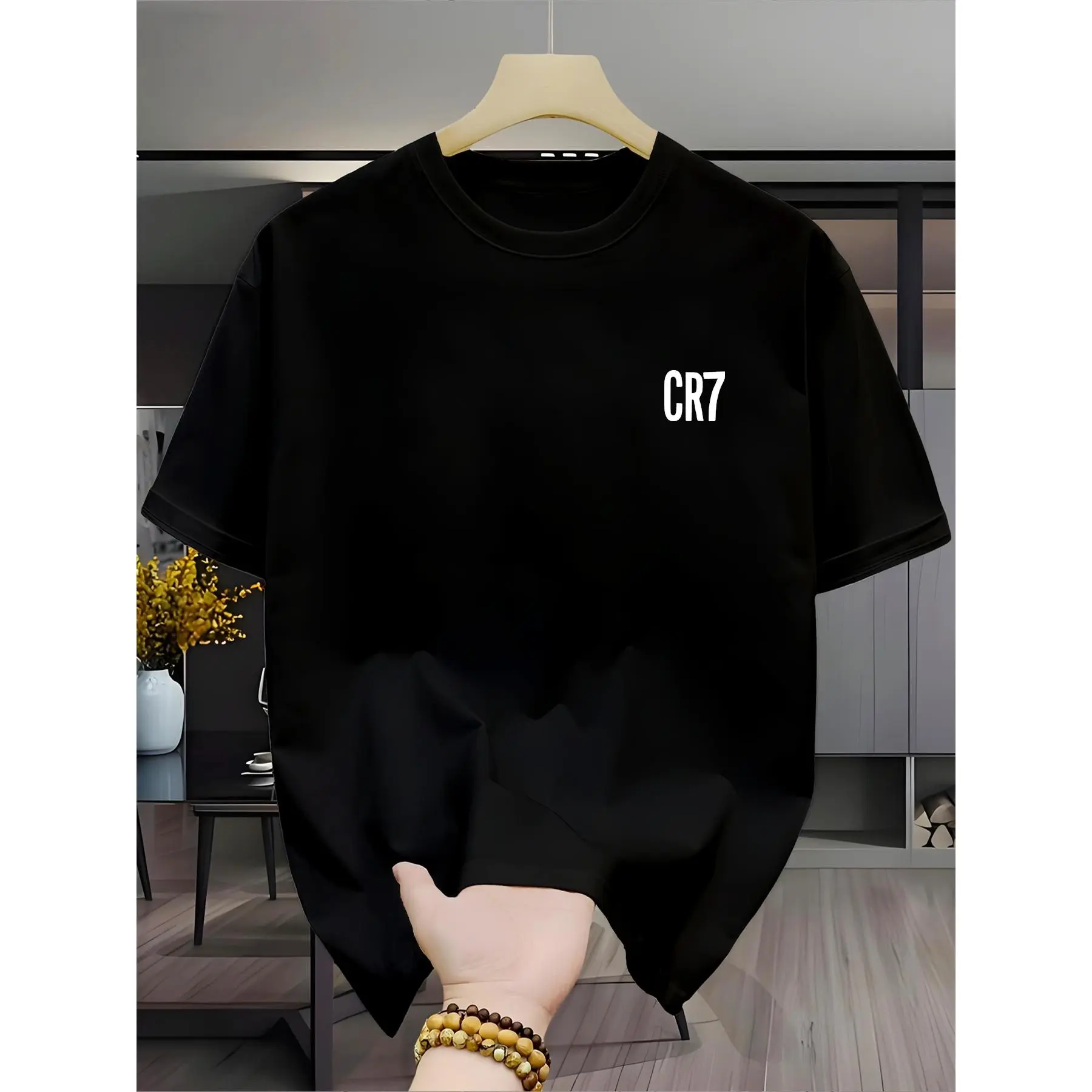 Men's & Women's Short-Sleeve 100% Polyester Fabric Lightweight Quick-Dry T-Shirt - Loose Regular Fit Round Neck Breathable Summer Undershirt with Bold CR7 Print, Machine Washable Black Casual Sports Top for Casual Attire Basic Comfy