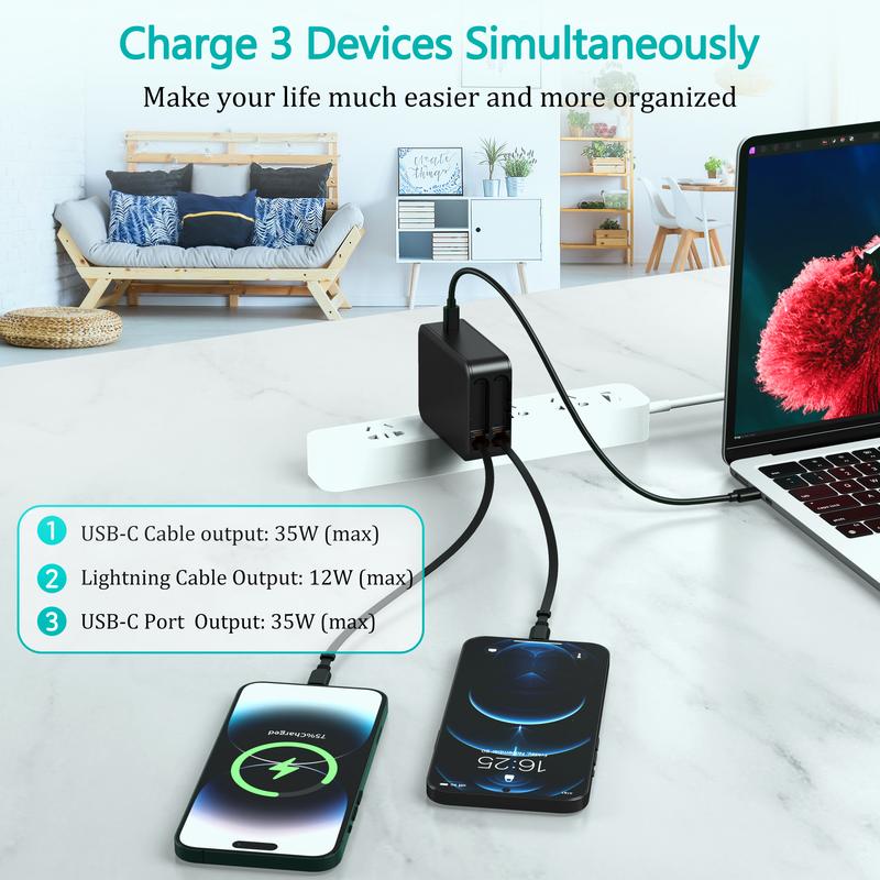 35W Retractable Wall Charger with Dual Cables & 3-Port Hub, Fast Charging for iPhone 16/15/14/13/12/11, iPad, Samsung, LG & More