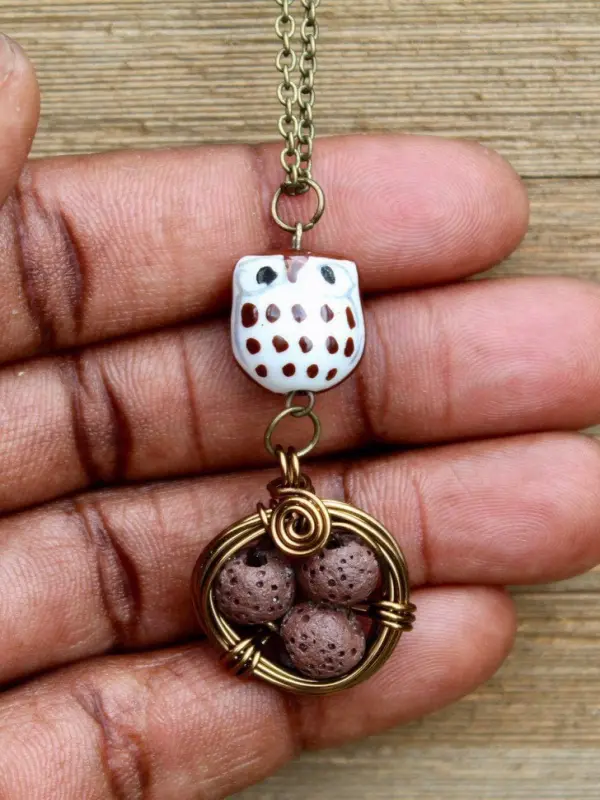 Brown Owl Necklace, Diffuser Necklace, Bird's Nest Necklace, Lava Bead Necklace, Aromatherapy Necklace, Gift For Mom.