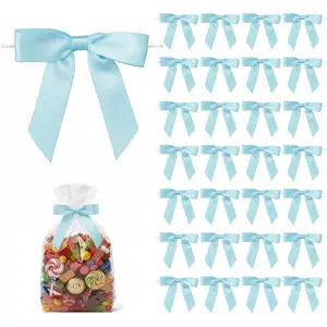 50 Pack Satin Twist Tie Bows, 2.75 Inch Pre-Tied Mini Ribbon Bows for Gift Bags, Treat Bags, Party Favor Bags and Small Gift Packaging (Light Blue)