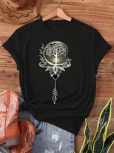 for Lotus Mandala Circle Spiritual Ze  Meditation Print T-shirt, Short Sleeve Crew Neck Casual Top for Summer & Spring, Women's Clothing