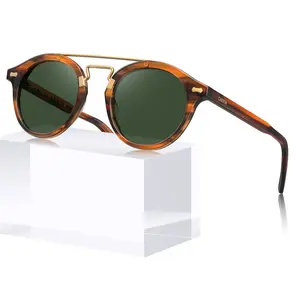 CARFIA Retro Acetate Small Face Polarized Sunglasses for Men Women Trendy Metal Double Bridge Round Sun Glasses CA3399L