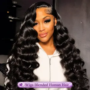 34 Inch 200% Density Loose Deep Wave Curly 13x4 lace Front Wigs Blended Human Hair Lace Frontal Wig Natural Hairline Natural Black