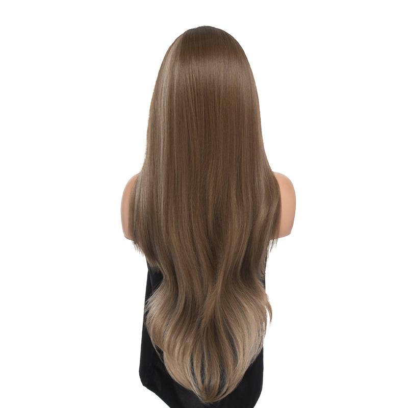 29-Inch Olive Brown (Ash Blonde Streak Highlights) Barely Wavy Futura Futura Synthetic Wig | 【Free-part Lace】【Heat Resistant】【Cap Included】 | FSGA