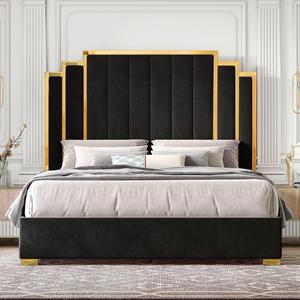 [Summergarden][Fathersdaygift] AMERLIFE Bed Frame with 65" Headboard, Upholstered Platform Bed with Golden Plating Trim, Modern Luxury Bed Frame, No Box Spring Needed/No Mattress/Queen/King//Unique Bedroom Furniture/Best Gift Ideas/Christmas Gifts