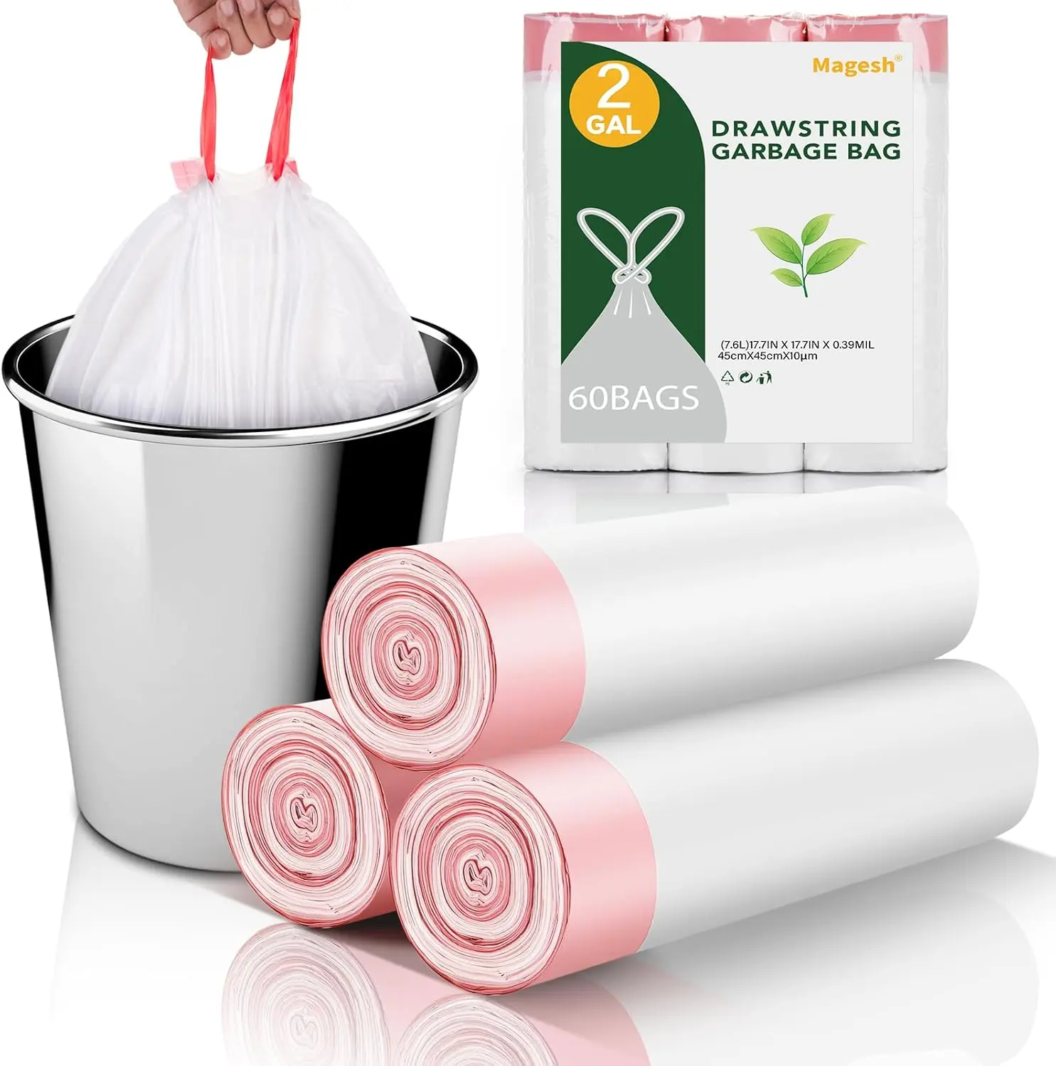 2-Gal White Drawstring Trash Bags, 60-Count Unscented Plastic Waste Basket Liners, 7.5L Strong Thick Bulk Bags for Bathroom, Kitchen