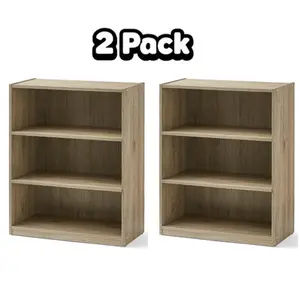 Mainstays Adjustable 3 Shelf Bookcase set of 2 cabinets | Durable Wood Storage Organizer with Open Shelving for Books, Collectibles, Decorations, Home Office and Small Space Storage Solutions
