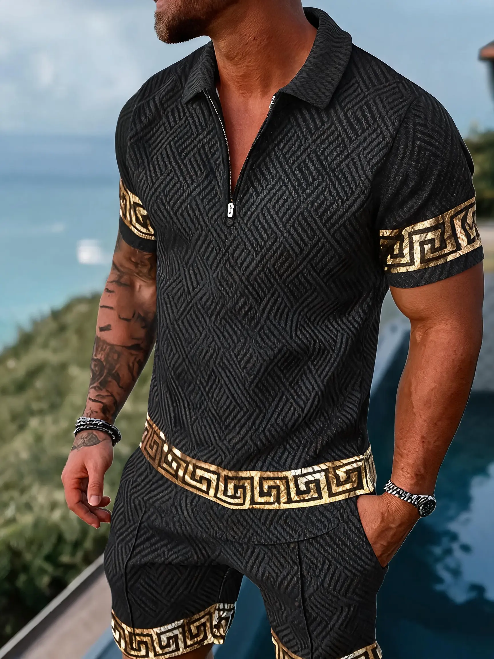 Men’s black and gold two-piece set with classic Greek key trim, breathable summer beach vacation outfit