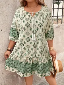 Women's Fashion Plus Size Knitted Geometric Print Feminine Bohemian Style Round Neck Seven-Quarter Sleeve Flounce Hem Dress, Casual Summer
