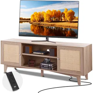VEVOR Rattan TV Stand,  Mid Century Modern TV Stand for 75 inch TV, Boho Rattan TV Cabinet with Build-in Socket and USB Ports, Adjustable Shelfs for Living Room, Media Room, Oak