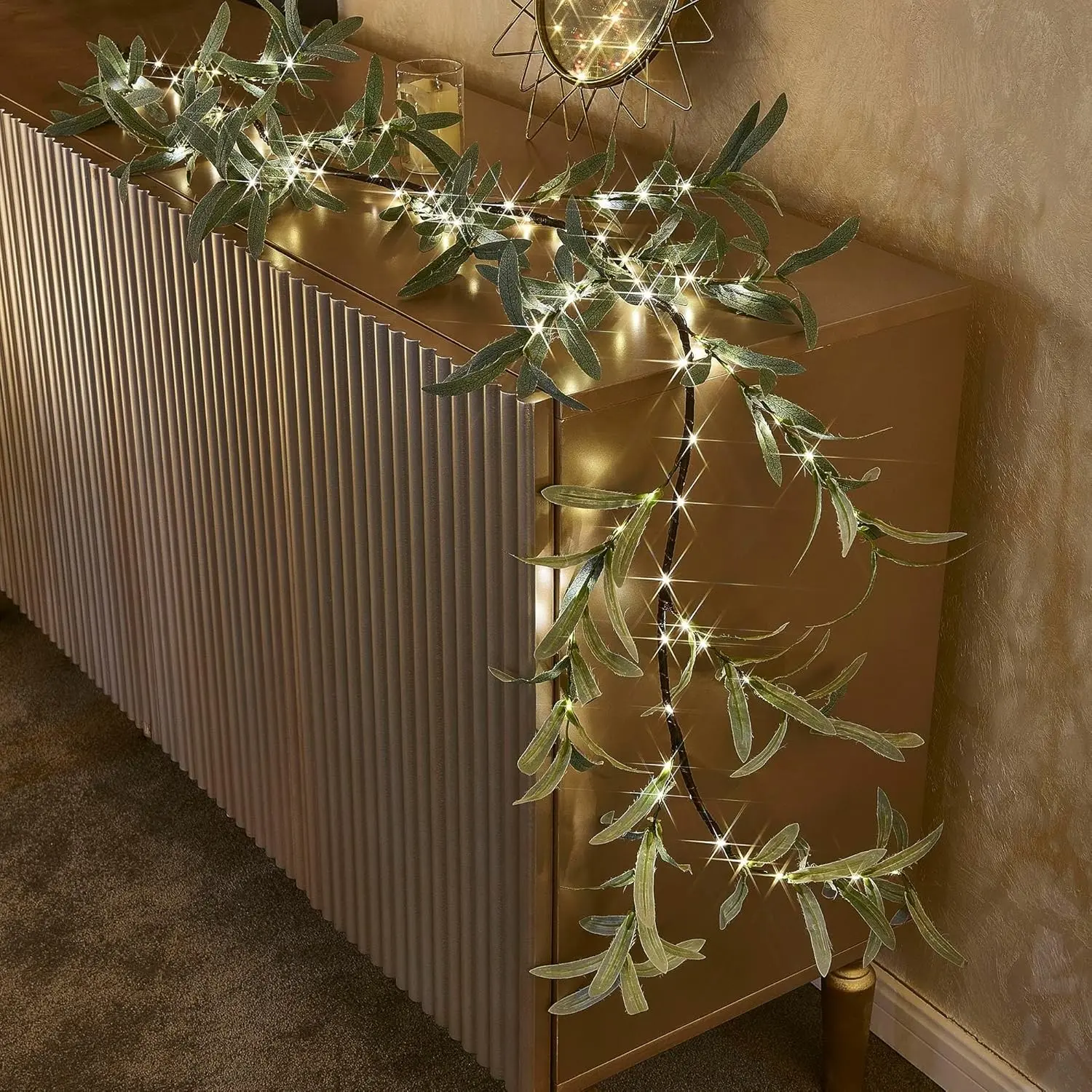 Lighted Olive Garland with 96 LED Fairy Lights 6FT Battery Operated with Timer Faux Greenery Vine Garland for Fireplace Wall Christmas Spring Decoration