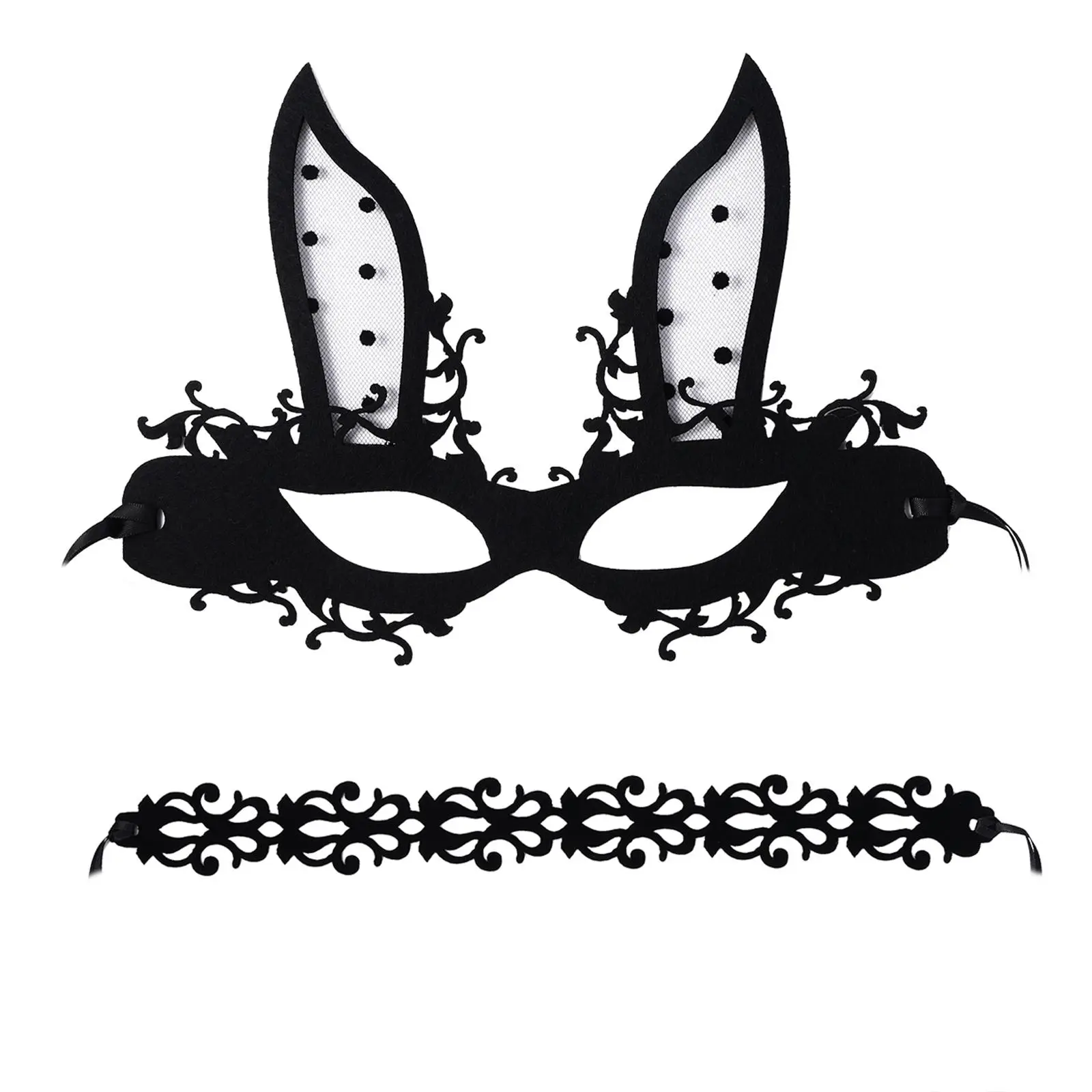 OIDEA Women's Lightweight 2-Piece Bunny Cosplay Adult Masks Set - Felt Half-Face Mask with Choker, Adjustable Ribbon Ties, Photo-Ready for Halloween Party Accessories