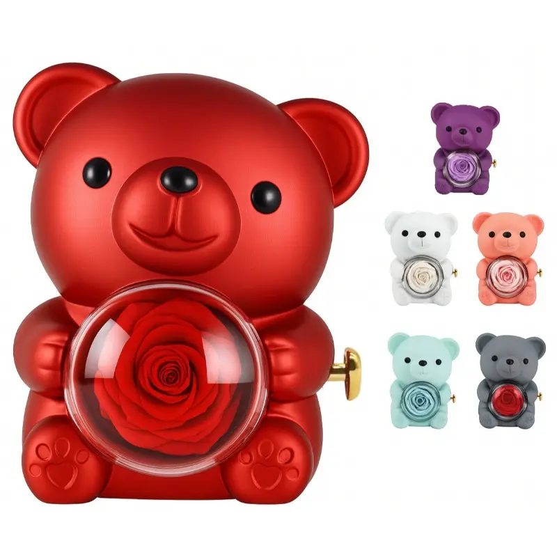 Romantic bear-shaped roses, surprise red roses in a 360-degree rotating rose box, Artificial Rose Bear, Rose Teddy Bear, perfect for Valentine's Day, Mother's Day, birthdays, anniversaries, party gifts, and other special occasions. A romantic bridal gift