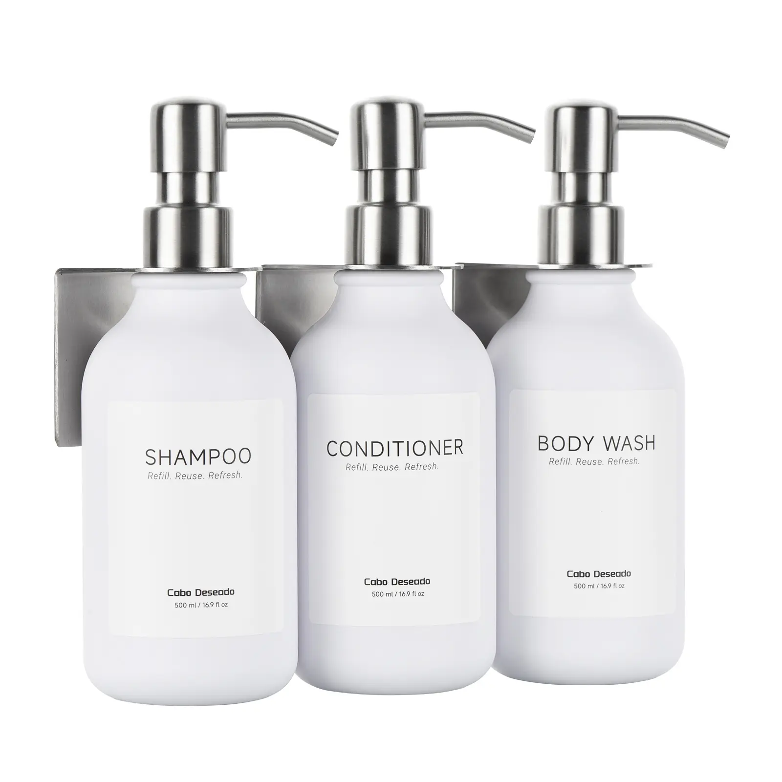 Shampoo and Conditioner Dispenser - Shower Soap Dispenser 3 Chamber No Drill - Bathroom Soap Dispenser Wall Mount Adhesive - White PET Bottles with Silver Stainless Steel Pumps Set Refillable 1500ml