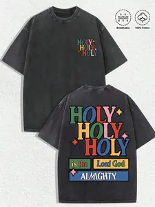 WOCKYYE 1 PCS Holy Holy Holy - Lord God Almighty Religious - Themed Graphic Tee: Vintage - Washed Shirt (Available In Dark Gray/Gra