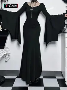 Women's Plain Ruched Mermaid Maxi Fit Dress, Elegant Formal Sweetheart Neck Batwing Long Sleeve Evening Party Gown, Ladies Fall & Winter Clothes, Womenswear