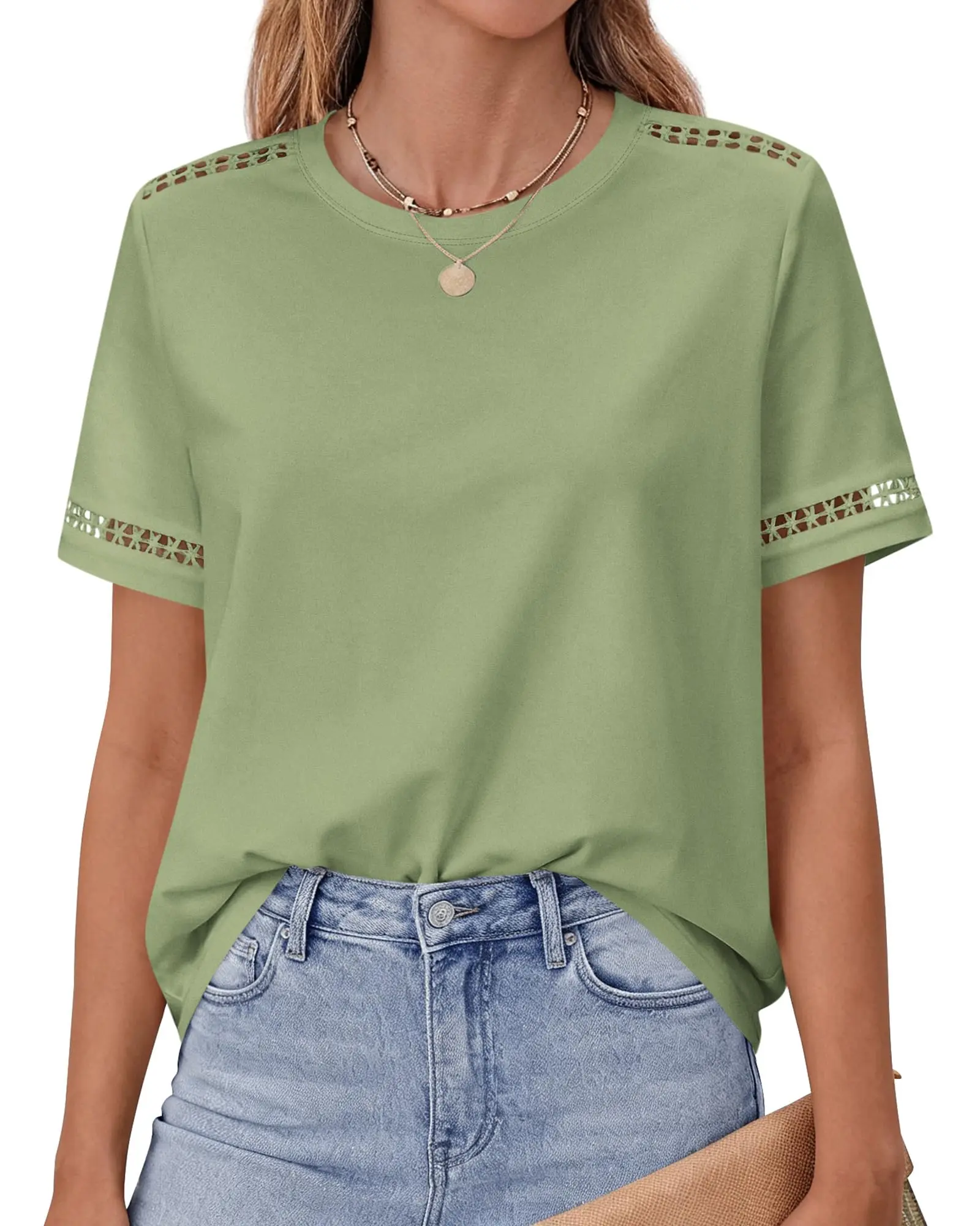 BTFBM Womens Summer Tops Lace Short Sleeve Shirts 2026 Spring Casual Loose Crew Neck Cotton Knit Cute Business Blouses #Clearance