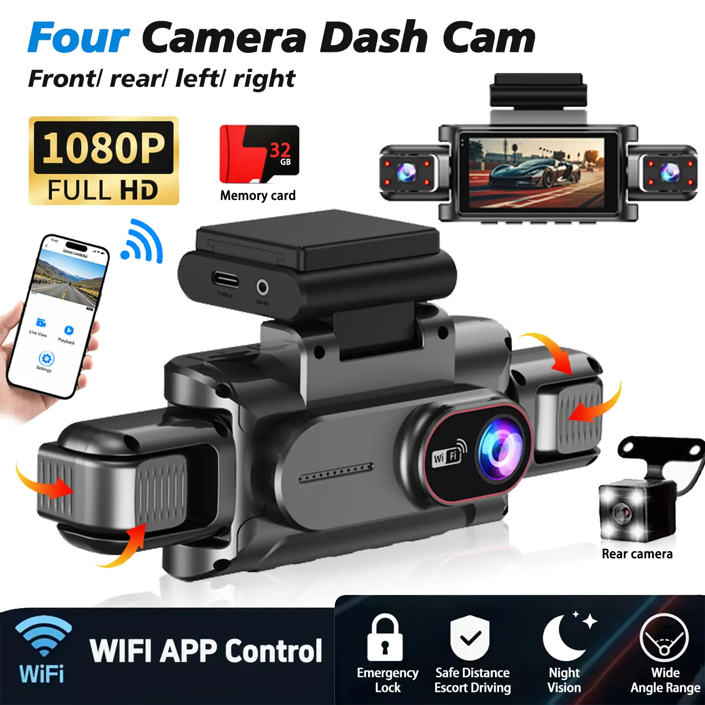 4-Camera Dash Cam Kit: 1080p front camera, 720p front, rear, and built-in cameras, Wi-Fi functionality, offering all-around coverage, night vision, G-sensor, and loop recording—Car Accessories / Car Cameras / Safe Driving Black Box