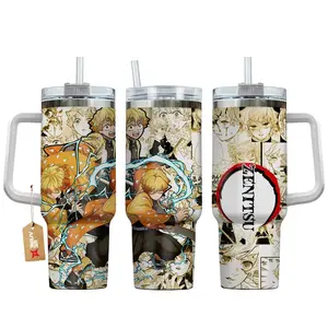 [Sip40 Otaku] Demon Slayer Agatsuma Zenitsu 40oz Tumbler With Handle – Stainless Steel Anime Travel Mug, Thunder Breathing Inspired Cup, Double Wall Insulated Iced Coffee Tumbler, Gift for Anime & Manga FansTumbler, Otaku Gift for MHA Fans Gothic